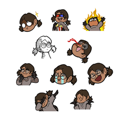 A variety of Boba-tan emoji turned into stickers, including: eating popcorn while wearing 3-D glasses, laughing, Pacha Edits (when the sun hits that ridge just right), nosebleed, dabbing, shrugging lol idk, Elmo Rise/Hellmo/Elmo Fire, crying with a cute mouth like the TwT emoticon, OK like Saitama/One-Punch Man, and anime glasses glare.